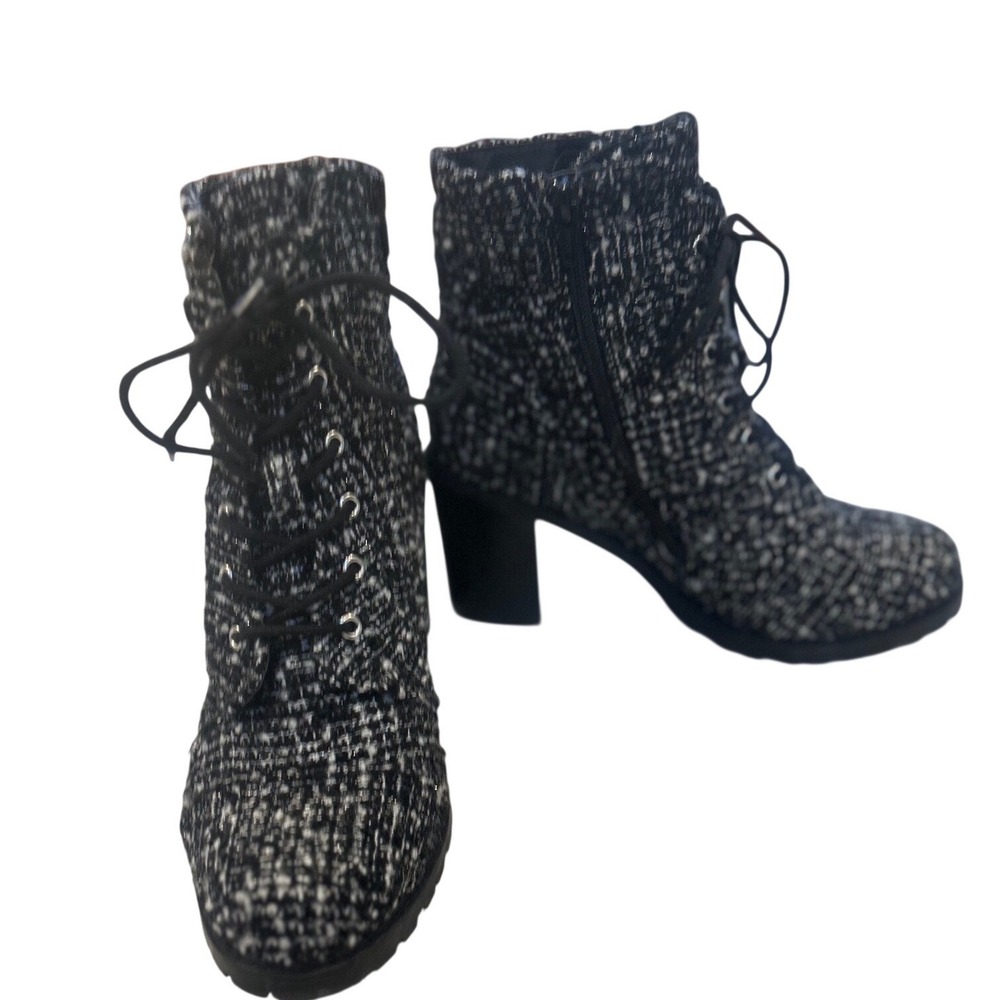 Diba True Black White Tweed Lace Up Block Heel Ankle Boots Women's Size 10M